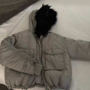 Womens silver puffer jacket with detachable fur